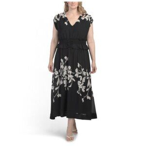 TAYLOR NWT Sheer Lined Short Sleeve Peplum V-Neck Maxi Dress Floral Blk/Wht 18